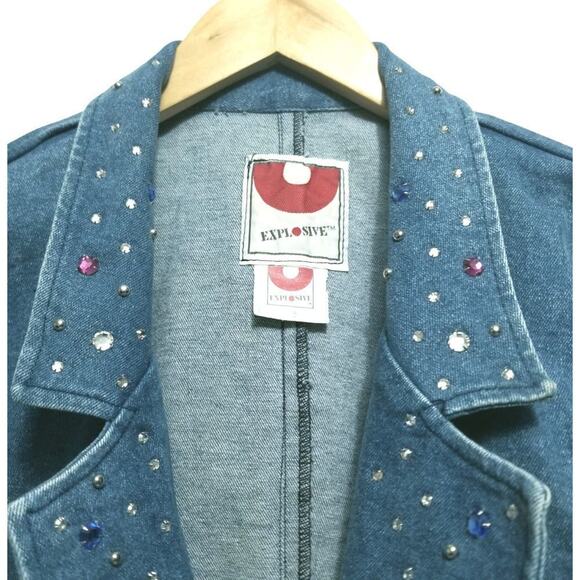 VINTAGE TUXEDO JEAN JACKET by Explosive Crystal Adorned Collar Size Large - Picture 3 of 10